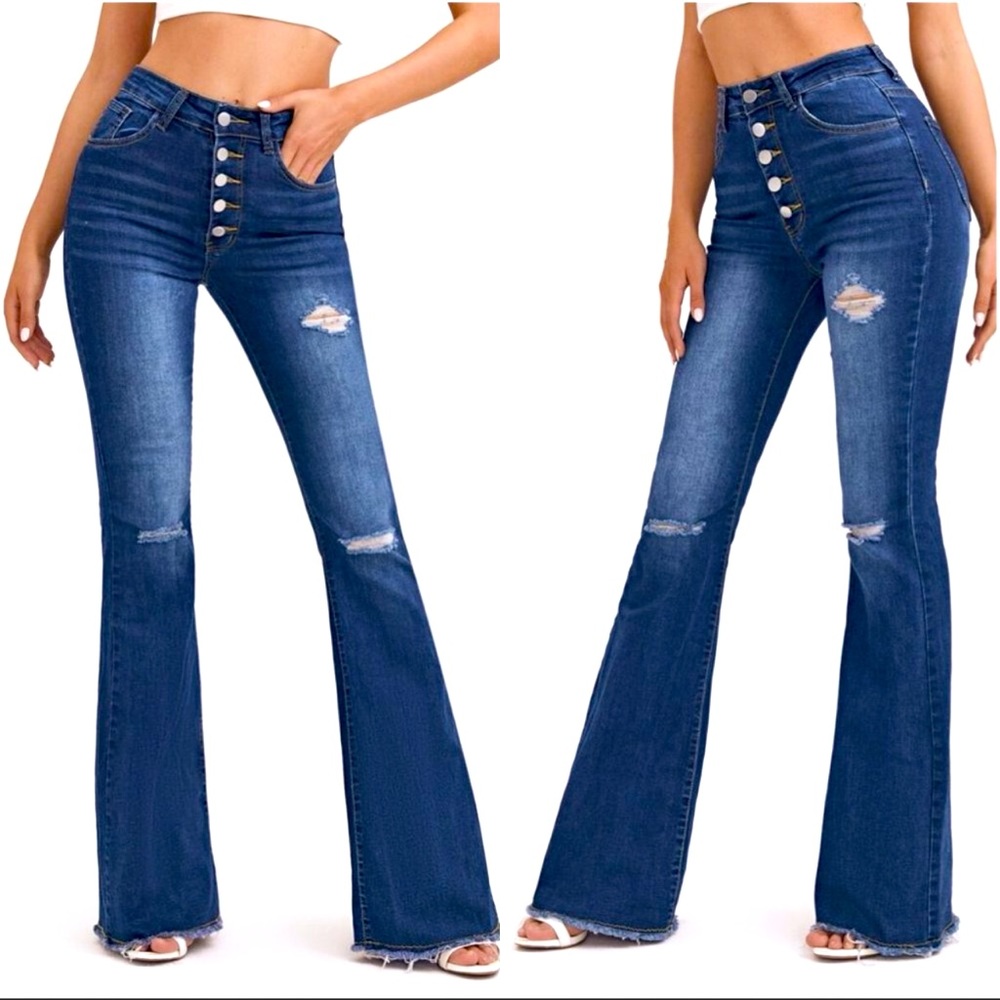 DISTRESSED BELL BOTTOM JEANS